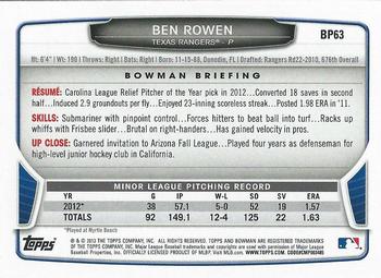 2013 Bowman - Prospects Purple #BP63 Ben Rowen Back