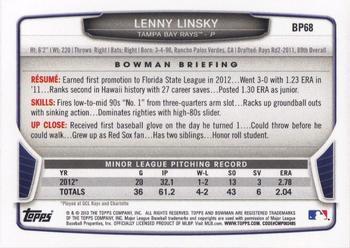 2013 Bowman - Prospects Purple #BP68 Lenny Linsky Back