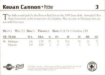 1997 Best Sarasota Red Sox #3 Kevan Cannon Back