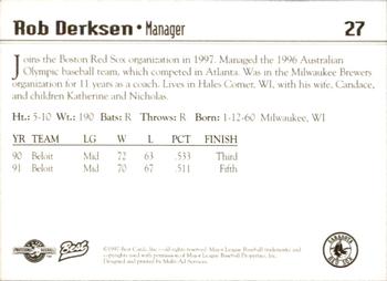 1997 Best Sarasota Red Sox #27 Rob Derksen Back