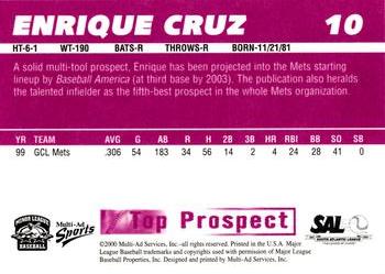 2000 Multi-Ad South Atlantic League Top Prospects #10 Enrique Cruz Back
