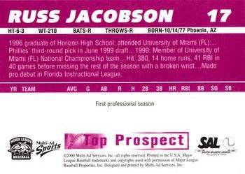 2000 Multi-Ad South Atlantic League Top Prospects #17 Russ Jacobson Back