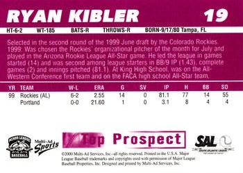 2000 Multi-Ad South Atlantic League Top Prospects #19 Ryan Kibler Back