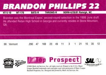 2000 Multi-Ad South Atlantic League Top Prospects #22 Brandon Phillips Back