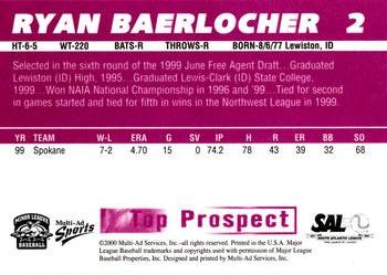 2000 Multi-Ad South Atlantic League Top Prospects #2 Ryan Baerlocher Back