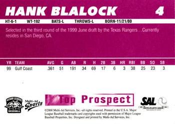 2000 Multi-Ad South Atlantic League Top Prospects #4 Hank Blalock Back