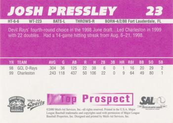 2000 Multi-Ad South Atlantic League Top Prospects #23 Josh Pressley Back