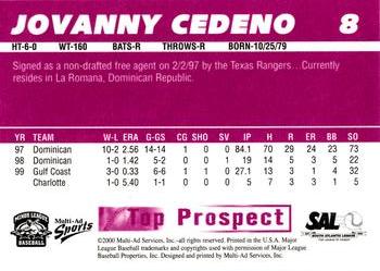 2000 Multi-Ad South Atlantic League Top Prospects #8 Jovanny Cedeno Back