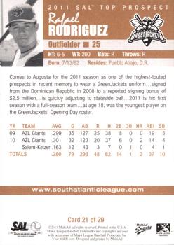 2011 MultiAd South Atlantic League Top Prospects #21 Rafael Rodriguez Back