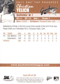 2011 MultiAd South Atlantic League Top Prospects #29 Christian Yelich Back