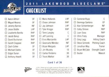 2011 MultiAd Lakewood BlueClaws #1 Checklist Back