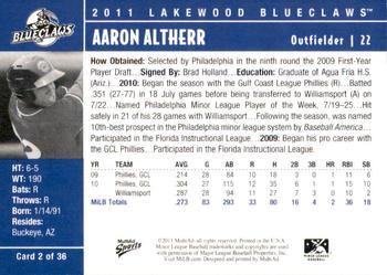 2011 MultiAd Lakewood BlueClaws #2 Aaron Altherr Back