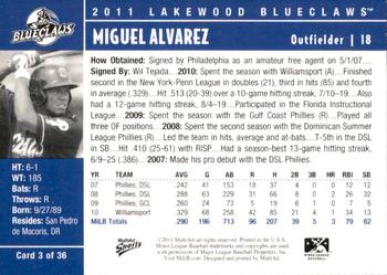 2011 MultiAd Lakewood BlueClaws #3 Miguel Alvarez Back