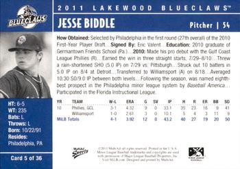2011 MultiAd Lakewood BlueClaws #5 Jesse Biddle Back