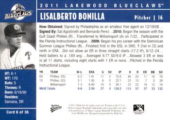 2011 MultiAd Lakewood BlueClaws #6 Lisalverto Bonilla Back