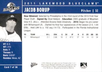 2011 MultiAd Lakewood BlueClaws #7 Jacob Borup Back