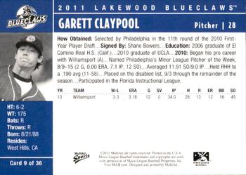 2011 MultiAd Lakewood BlueClaws #9 Garett Claypool Back