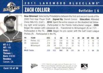 2011 MultiAd Lakewood BlueClaws #10 Zach Collier Back