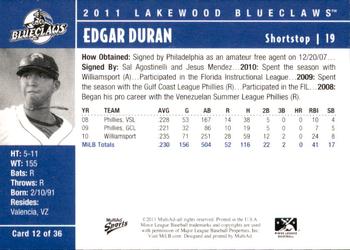 2011 MultiAd Lakewood BlueClaws #12 Edgar Duran Back