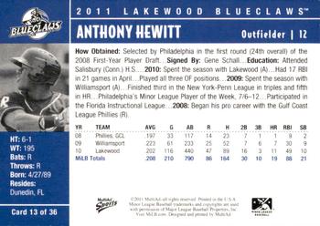 2011 MultiAd Lakewood BlueClaws #13 Anthony Hewitt Back