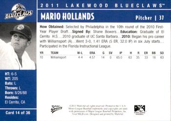 2011 MultiAd Lakewood BlueClaws #14 Mario Hollands Back