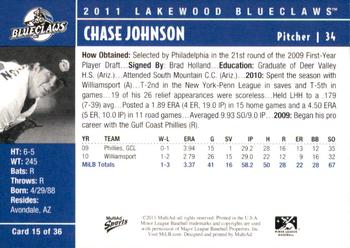 2011 MultiAd Lakewood BlueClaws #15 Chase Johnson Back