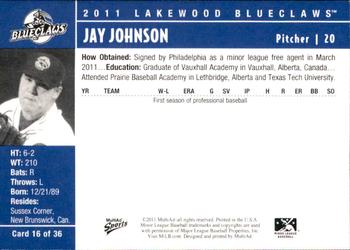 2011 MultiAd Lakewood BlueClaws #16 Jay Johnson Back