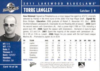 2011 MultiAd Lakewood BlueClaws #18 Torre Langley Back