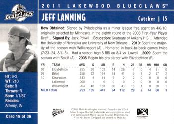 2011 MultiAd Lakewood BlueClaws #19 Jeff Lanning Back