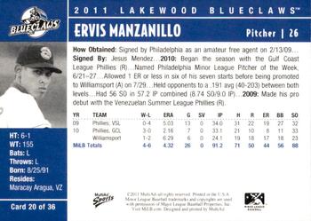 2011 MultiAd Lakewood BlueClaws #20 Ervis Manzanillo Back