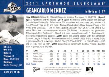 2011 MultiAd Lakewood BlueClaws #21 Geancarlo Mendez Back
