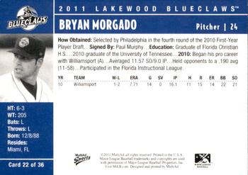 2011 MultiAd Lakewood BlueClaws #22 Bryan Morgado Back