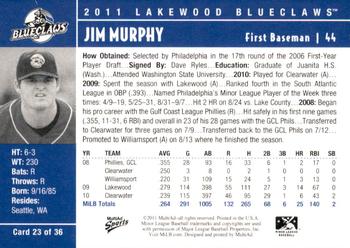 2011 MultiAd Lakewood BlueClaws #23 Jim Murphy Back