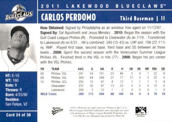 2011 MultiAd Lakewood BlueClaws #24 Carlos Perdomo Back