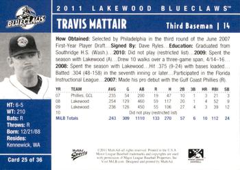 2011 MultiAd Lakewood BlueClaws #25 Travis Mattair Back