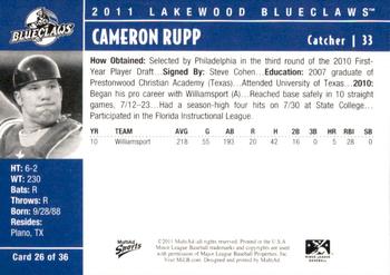 2011 MultiAd Lakewood BlueClaws #26 Cameron Rupp Back