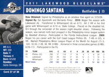 2011 MultiAd Lakewood BlueClaws #27 Domingo Santana Back
