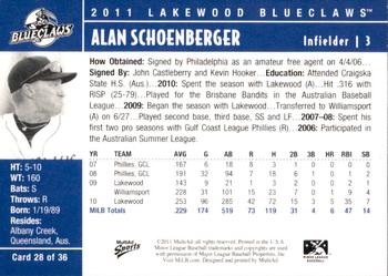 2011 MultiAd Lakewood BlueClaws #28 Alan Schoenberger Back