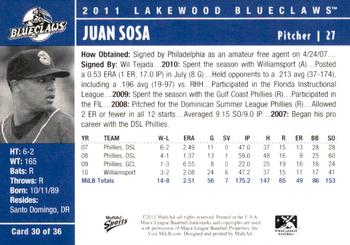 2011 MultiAd Lakewood BlueClaws #30 Juan Sosa Back