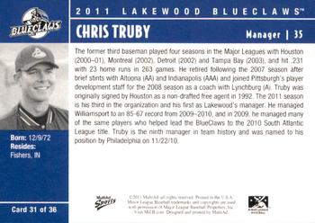 2011 MultiAd Lakewood BlueClaws #31 Chris Truby Back