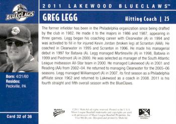 2011 MultiAd Lakewood BlueClaws #32 Greg Legg Back