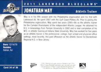 2011 MultiAd Lakewood BlueClaws #34 Jonathan May Back