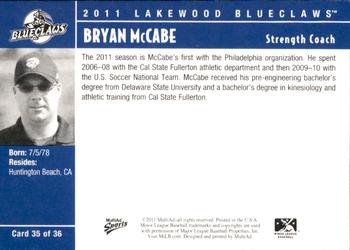 2011 MultiAd Lakewood BlueClaws #35 Bryan McCabe Back