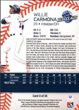 2013 Brandt Lakewood BlueClaws #4 Willie Carmona Back
