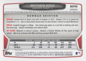 2013 Bowman - Chrome Prospects Blue Wave Refractors #BCP43 Matthew Koch Back
