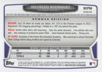 2013 Bowman - Chrome Prospects Blue Wave Refractors #BCP58 Wilfredo Rodriguez Back