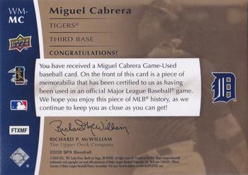 2008 SPx - Winning Materials Dual Position 20 #WM-MC Miguel Cabrera Back