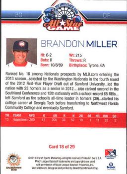 2013 Brandt South Atlantic League North Division All-Stars #18 Brandon Miller Back