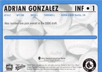 2000 Multi-Ad Utica Blue Sox #1 Adrian Gonzalez Back