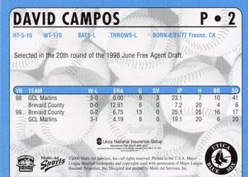 2000 Multi-Ad Utica Blue Sox #2 David Campos Back